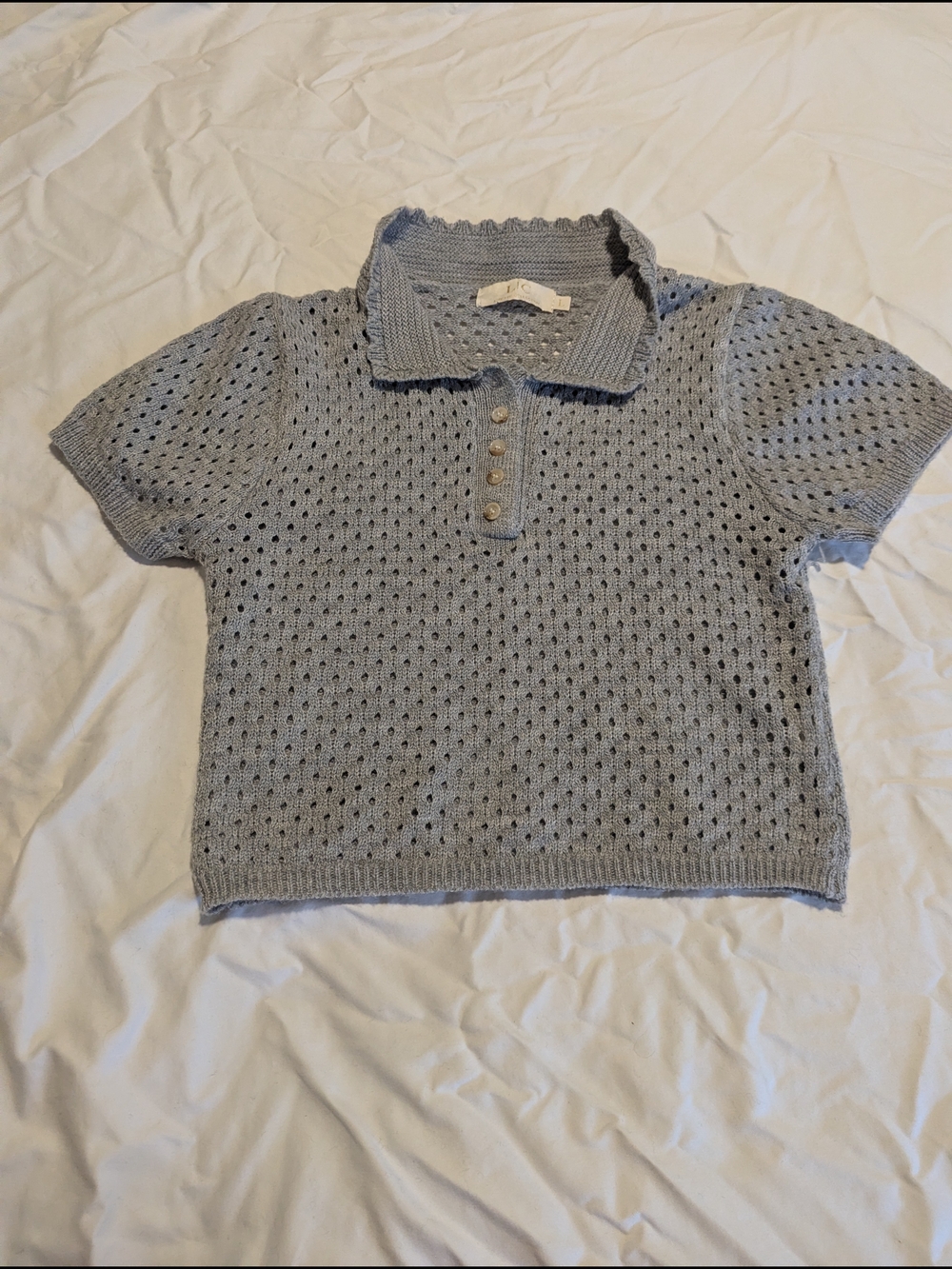 LC Lauren Conrad Light Gray Openwork Knit Polo Crop Top, L